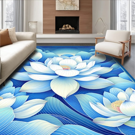 ODIKA 6'x9' Machine Washable Non-Slip Area Rug, Blooming Lotus With Radiating Layered Petals High Traffic Rug, Blue, 197110