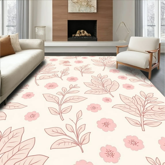 ODIKA 4'x6' Machine Washable Non-Slip Area Rug, Blossoming Meadow Heritage High Traffic Rug, Pink, 237224