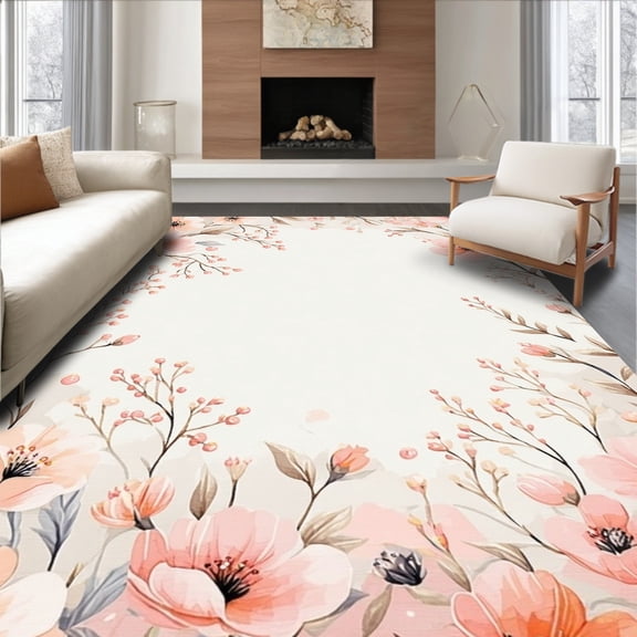 ODIKA 2'x3' Machine Washable Non-Slip Area Rug, Blush Floral Whimsy Girly Pink High Traffic Rug, Ivory, 77091