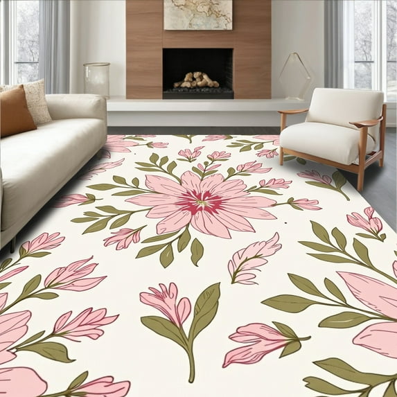 Flatwoven High Traffic Area Rug, Blush Pink Botanical Illustration, Non Slip, Stain Resistant, Washable Area Rugs for Living Room, Bedroom(Pink, 5X7)