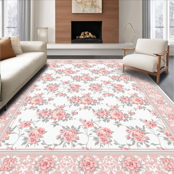 ODIKA 4'x6' Machine Washable Non-Slip Area Rug, Blush Rosette Trellis Design Accent High Traffic Rug, Pink, 157100