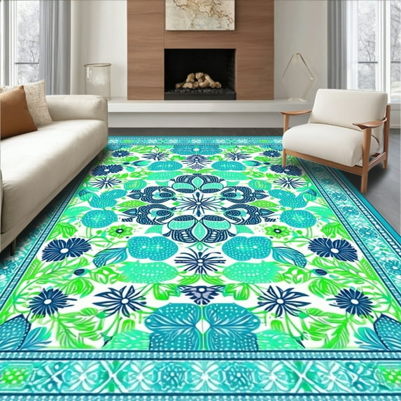 ODIKA 5'x7' Machine Washable Non-Slip Area Rug, Bohemian with Festive Colors High Traffic Rug, Blue, 63440