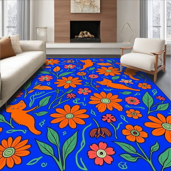 ODIKA 2'x3' Machine Washable Non-Slip Area Rug, Boho Bloomscape with Cats and Insect Whimsy in Artistic High Traffic Rug, Blue, 311227