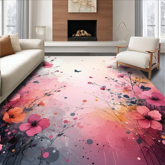 Flatwoven High Traffic Area Rug, Boho Blossom Runner With Artistic Floral Arrangement, Non Slip, Stain Resistant, Washable Area Rugs for Living Room, Bedroom(Pink, 2X3)