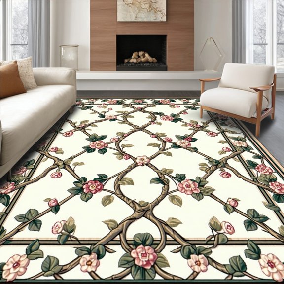 Flatwoven High Traffic Area Rug, Boho Botanical Vine Patterned Runner with Ornate Lattice Details, Non Slip, Stain Resistant, Washable Area Rugs for Living Room, Bedroom(Pink, 2X3)