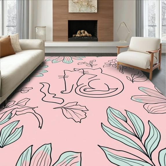 ODIKA 6'x9' Machine Washable Non-Slip Area Rug, Boho Cat Garden with Blooming Floral Motifs High Traffic Rug, Pink, 311399