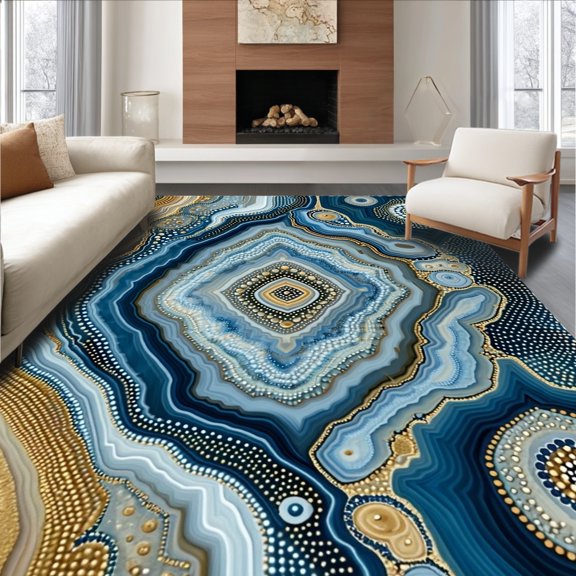 Flatwoven High Traffic Area Rug, Boho Chic Agate Slice Accent Rug, Non Slip, Stain Resistant, Washable Area Rugs for Living Room, Bedroom(Blue, 4X6)