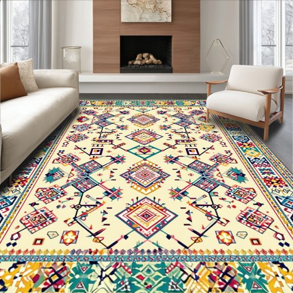 Flatwoven High Traffic Area Rug, Boho Chic with Interlaced Beige and Colorful Geometric Motifs, Non Slip, Stain Resistant, Washable Area Rugs for Living Room, Bedroom(Ivory, 2X3)