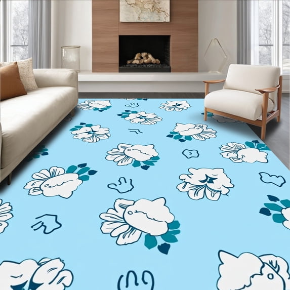 ODIKA 8'x8' Machine Washable Non-Slip Area Rug, Boho Floral Cat Whimsical Blooms High Traffic Rug, Blue, 287211