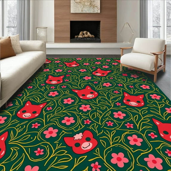 ODIKA 2'x3' Machine Washable Non-Slip Area Rug, Boho Foxes and Thicket Patterned High Traffic Rug, Green, 311435