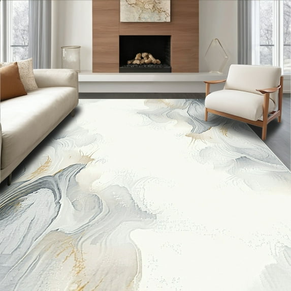 ODIKA 4'x6' Machine Washable Non-Slip Area Rug, Boho Inspired with Abstract Fire Design High Traffic Rug, White, 91070