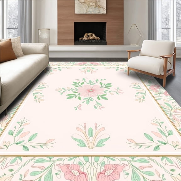 ODIKA 4'x6' Machine Washable Non-Slip Area Rug, Boho Meadow Motif Floor High Traffic Rug, Beige, 299566