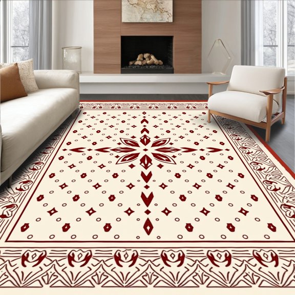 Flatwoven High Traffic Area Rug, Boho Mosaic Trellis with Abstract Diamond and Arrowhead Motifs, Non Slip, Stain Resistant, Washable Area Rugs for Living Room, Bedroom(Red, 4X6)