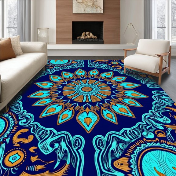 Flatwoven High Traffic Area Rug, Boho Style with Fantastical Floral and Feather Fusion, Non Slip, Stain Resistant, Washable Area Rugs for Living Room, Bedroom(Blue, 2X3)