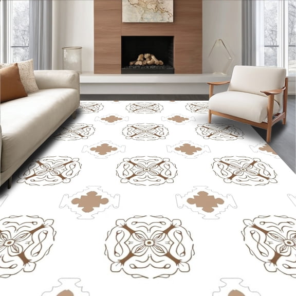 ODIKA 8' Machine Washable Non-Slip Area Rug, Boho Style Tiled High Traffic Rug, Beige, 237426
