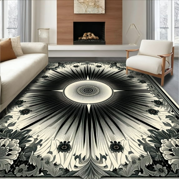 ODIKA 3'x5' Machine Washable Non-Slip Area Rug, Boho Sunburst Medallion With Ornate Decorative High Traffic Rug, Gray, 134897
