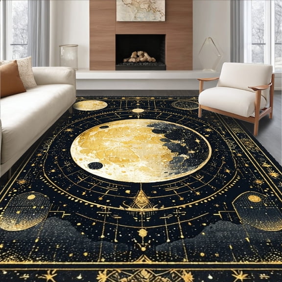 Flatwoven High Traffic Area Rug, Boho Witchy Moon Celestial Half Bath Mat, Non Slip, Stain Resistant, Washable Area Rugs for Living Room, Bedroom(Black, 2X3)