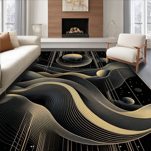 ODIKA 8'x10' Machine Washable Non-Slip Area Rug, Bold Black Gold Graphic Inspiration High Traffic Rug, Gold, 20290