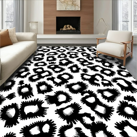 ODIKA 4'x6' Machine Washable Non-Slip Area Rug, Bold Black and Abstract Animal Inspired with Irregular Motifs High Traffic Rug, Black, 298924