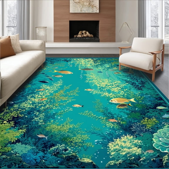 ODIKA 8'x10' Machine Washable Non-Slip Area Rug, Bold Coral Reef Inspired Interlocking Fish and Seaweed High Traffic Rug, Teal, 272915