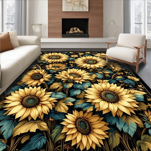 ODIKA 5'x7' Machine Washable Non-Slip Area Rug, Bold Floral Botanical Statement High Traffic Rug, Yellow, 28871