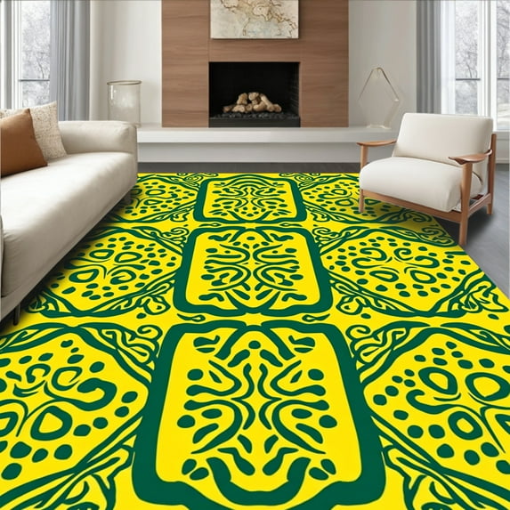 ODIKA 6'x9' Machine Washable Non-Slip Area Rug, Bold Interlocking Spotted Design with Vintage Exotic Flair High Traffic Rug, Yellow, 291253