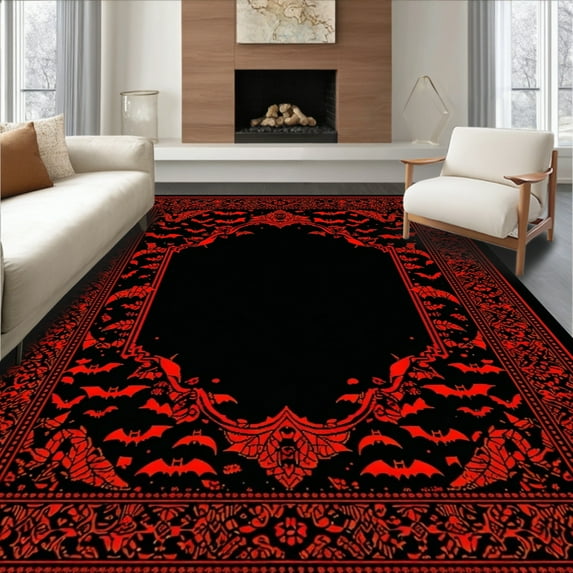 Flatwoven High Traffic Area Rug, Bold Red and Black Theme, Non Slip, Stain Resistant, Washable Area Rugs for Living Room, Bedroom(Black, 6X9)