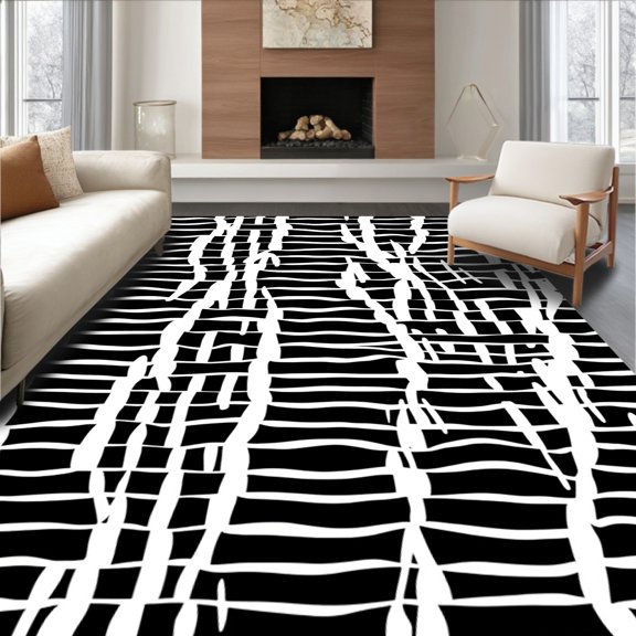 Flatwoven High Traffic Area Rug, Bold Stripe Faux Hide Area Accent, Non Slip, Stain Resistant, Washable Area Rugs for Living Room, Bedroom(Black, 2X3)
