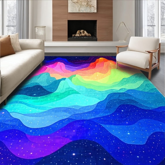 ODIKA 4'x6' Machine Washable Non-Slip Area Rug, Borealis Shimmering Light Show Design High Traffic Rug, Blue, 83080