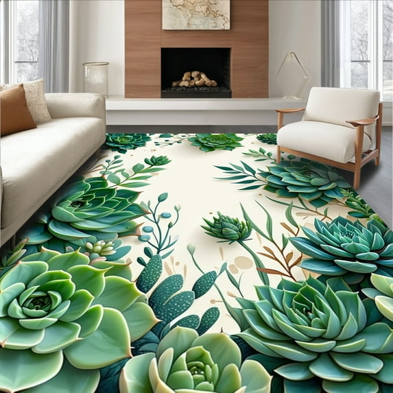 ODIKA 8'x10' Machine Washable Non-Slip Area Rug, Botanical Bloom Succulent Garden Motif High Traffic Rug, Green, 166416