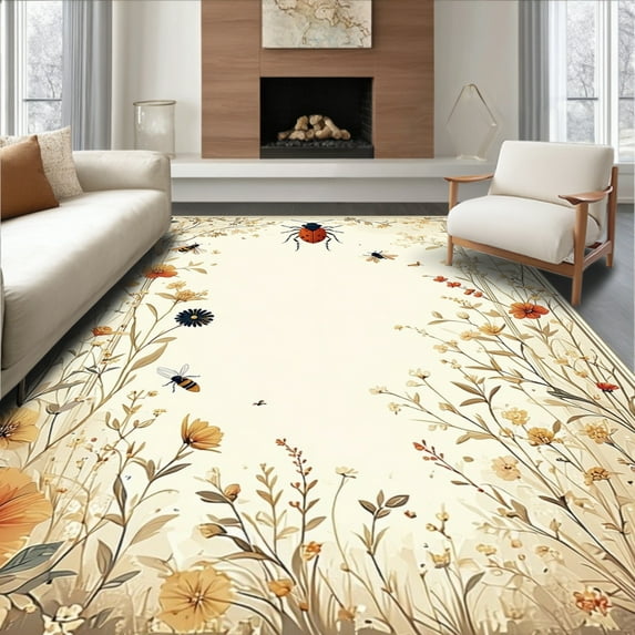 Flatwoven High Traffic Area Rug, Botanical Bugs Motif Vintage Style Accent, Non Slip, Stain Resistant, Washable Area Rugs for Living Room, Bedroom(Beige, 5X7)