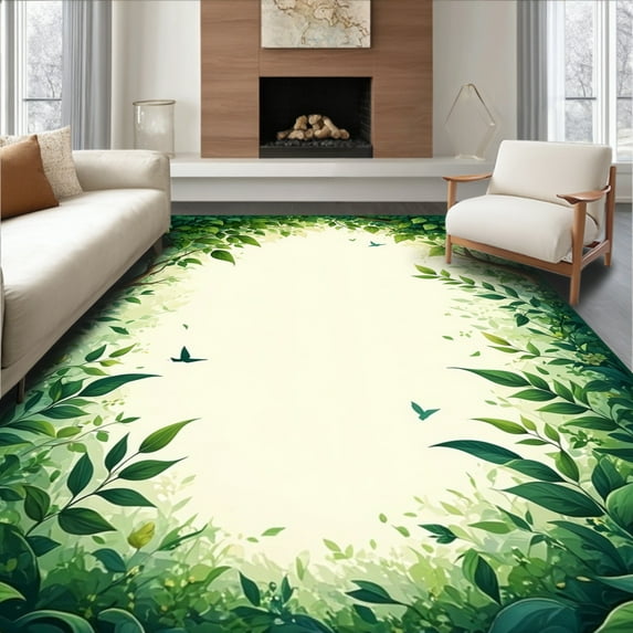 ODIKA 5'x7' Machine Washable Non-Slip Area Rug, Botanical Cascade Forest Green Leaf Bath Nature Inspired High Traffic Rug, Green, 93589