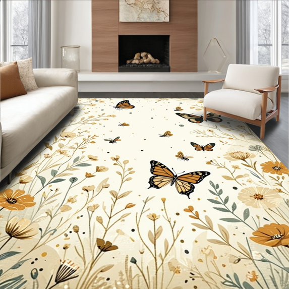 ODIKA 2'x3' Machine Washable Non-Slip Area Rug, Botanical Insect Haven with Artistic Nature Inspired High Traffic Rug, Beige, 280428