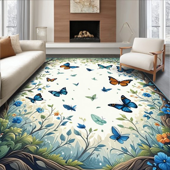 Flatwoven High Traffic Area Rug, Botanical Insect Medley with Fluttering Butterflies and Beetles, Non Slip, Stain Resistant, Washable Area Rugs for Living Room, Bedroom(Blue, 3X5)