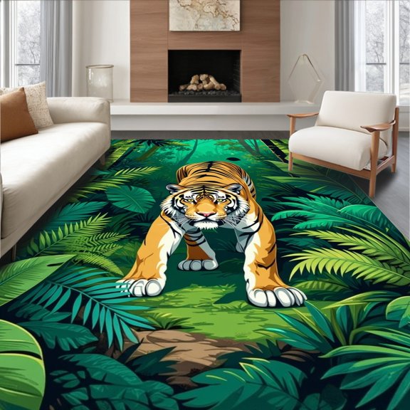ODIKA 6'x9' Machine Washable Non-Slip Area Rug, Botanical Jungle Expedition Safari With Prowling Tiger Motif High Traffic Rug, Green, 283202