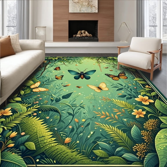 Flatwoven High Traffic Area Rug, Botanical Jungle Insect With Stylized Beetles And Butterfly Wing Overlays, Non Slip, Stain Resistant, Washable Area Rugs for Living Room, Bedroom(Green, 3X5)