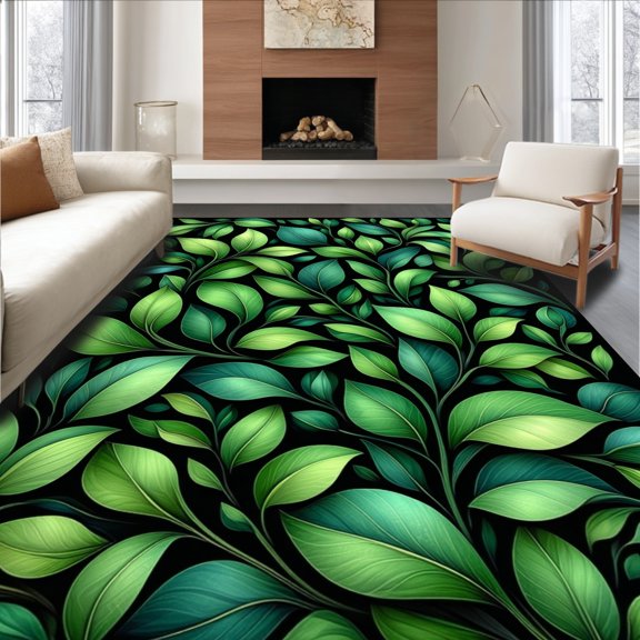 Flatwoven High Traffic Area Rug, Botanical Knowledge Inspired Leaf Arrangement Decorative, Non Slip, Stain Resistant, Washable Area Rugs for Living Room, Bedroom(Green, 2X3)