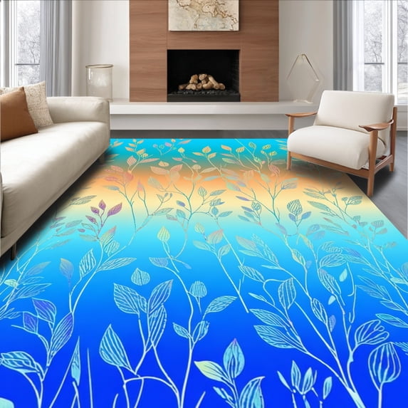ODIKA 8'x10' Machine Washable Non-Slip Area Rug, Botanical Leaf Motif Artistic Decorative Elegant Design High Traffic Rug, Blue, 187120