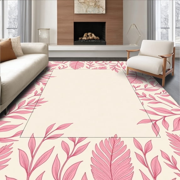 ODIKA 5'x7' Machine Washable Non-Slip Area Rug, Botanical Leaf Nature Inspired High Traffic Rug, Pink, 393673