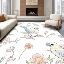 Flatwoven High Traffic Area Rug, Botanical Magpie Medley with Blossoms and Songbirds Art, Non Slip, Stain Resistant, Washable Area Rugs for Living Room, Bedroom(Pink, 4X6)