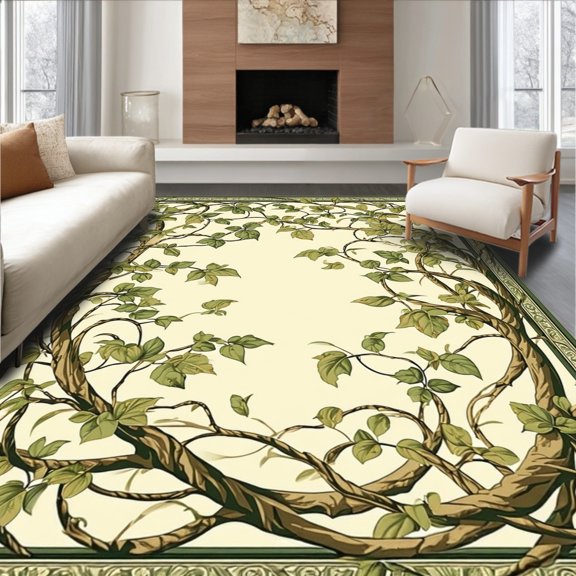 Flatwoven High Traffic Area Rug, Botanical Maze Showcasing Curved Leaves and Ornamental Scrolls, Non Slip, Stain Resistant, Washable Area Rugs for Living Room, Bedroom(Beige, 2X3)