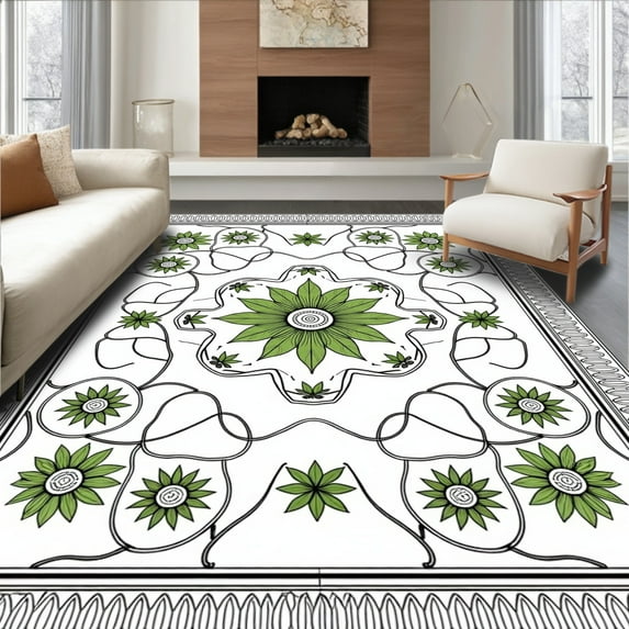 ODIKA 3'x5' Machine Washable Non-Slip Area Rug, Botanical Medallion Arrangement with Subtle Interlocking Details High Traffic Rug, Green, 597779