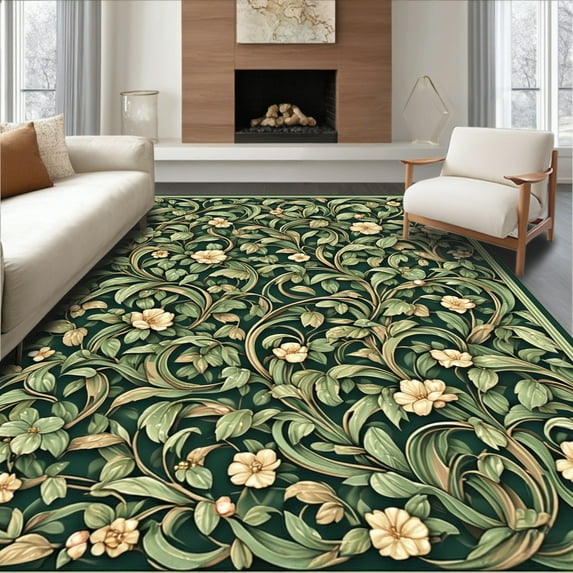 ODIKA 3'x5' Machine Washable Non-Slip Area Rug, Botanical Scrollwork Featuring Leafy Vines and Stylized Blossoms High Traffic Rug, Green, 216191