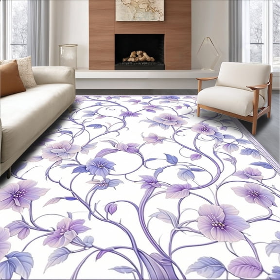 ODIKA 4'x6' Machine Washable Non-Slip Area Rug, Botanical Scrollwork with Whimsical Petal Motifs and Flourish Details High Traffic Rug, Lavender, 164475
