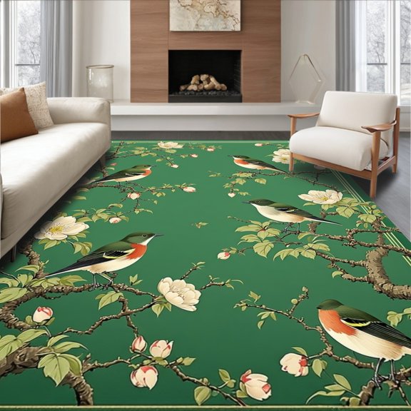 ODIKA 4'x6' Machine Washable Non-Slip Area Rug, Botanical Song & Bloom Art High Traffic Rug, Green, 278829