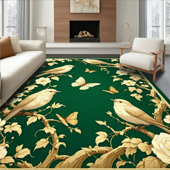 ODIKA 6'x9' Machine Washable Non-Slip Area Rug, Botanical Songbird with Delicate Insect Motifs and Flourishing Vines High Traffic Rug, Green, 278807