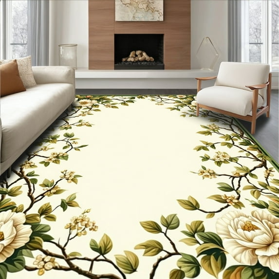 ODIKA 8'x10' Machine Washable Non-Slip Area Rug, Botanical Style High Traffic Rug, Ivory, 209536