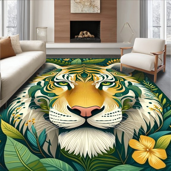 Flatwoven High Traffic Area Rug, Botanical Tiger Illusion Art with Whimsical Jungle Elements, Non Slip, Stain Resistant, Washable Area Rugs for Living Room, Bedroom(Yellow, 2X3)