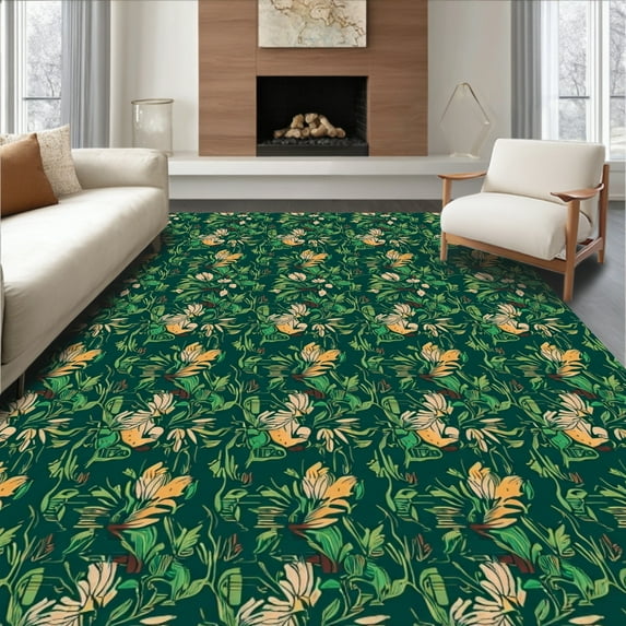 ODIKA 5'x7' Machine Washable Non-Slip Area Rug, Botanical Tiger Stripe Boho Chic High Traffic Rug, Green, 287379