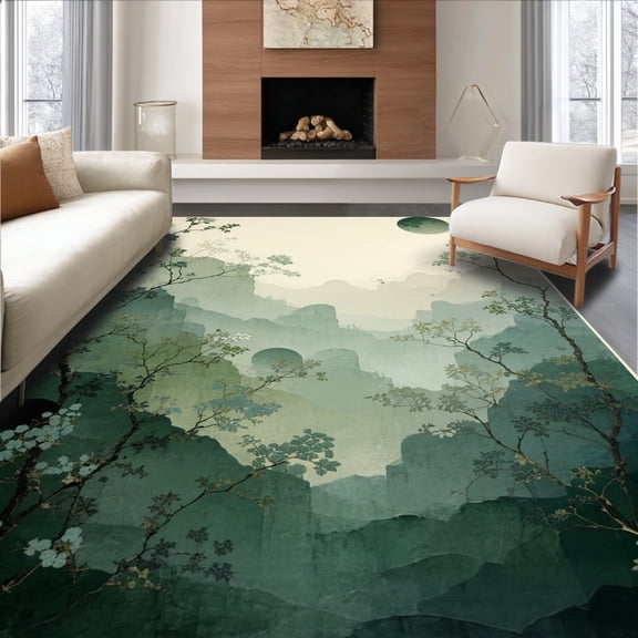 ODIKA 4'x6' Machine Washable Non-Slip Area Rug, Botanical Variant Astragene Disk With Slate Silt Artifice And Anilour High Traffic Rug, Green, 177132